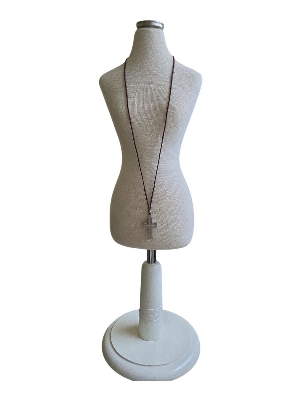 Long Brown Cord Necklace with Silver Cross Pendant 31"